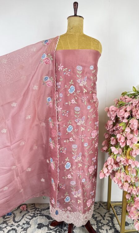 Peach colour cross stitch organza unstitched suit