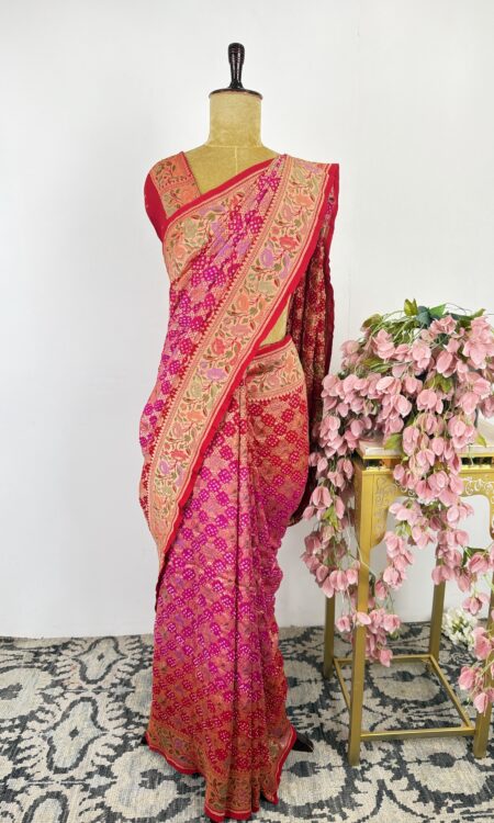 Pink to red ombré bandhani saree