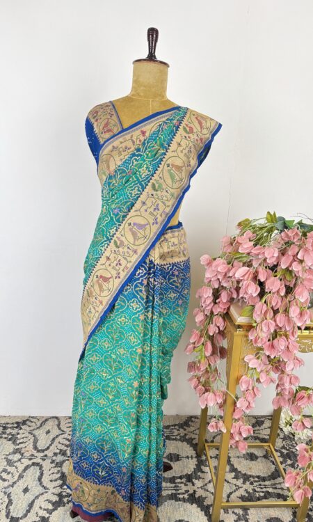 Blue and green ombré bandhani saree