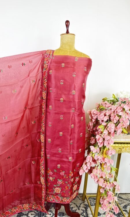 Rose pink colour cross stitch organza unstitched suit