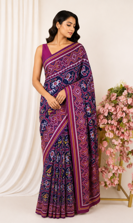 Navy blue colour single ikkat saree