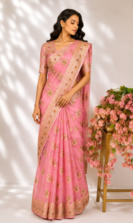 Peach colour georgette saree