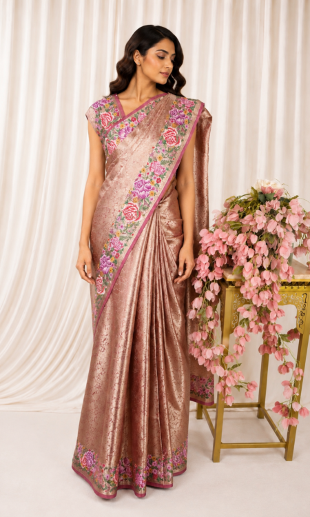 Rose pink colour banarasi tissue saree