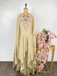 Gold tissue Anarkali with flared pants