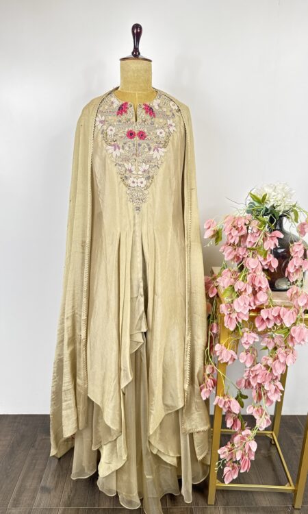 Gold tissue Anarkali with flared pants