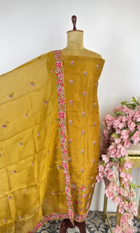 Mustard yellow colour cross stitch organza unstitched suit