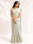 Pista Green & White Falling Silk Saree with Gold Zari Stripes
