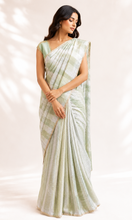 Pista Green & White Falling Silk Saree with Gold Zari Stripes