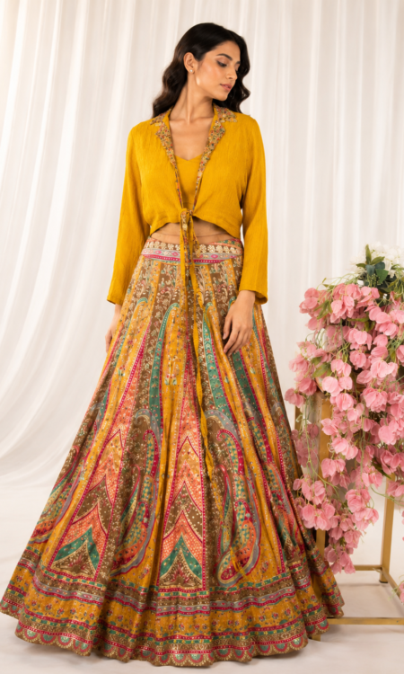 Yellow Banarasi Meenakari Lehenga with Crush Tissue Knot Top