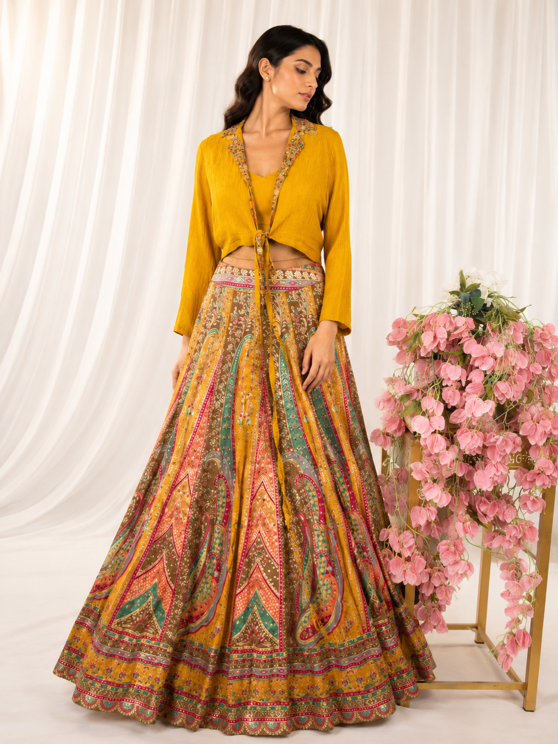 Yellow Banarasi Meenakari Lehenga with Crush Tissue Knot Top