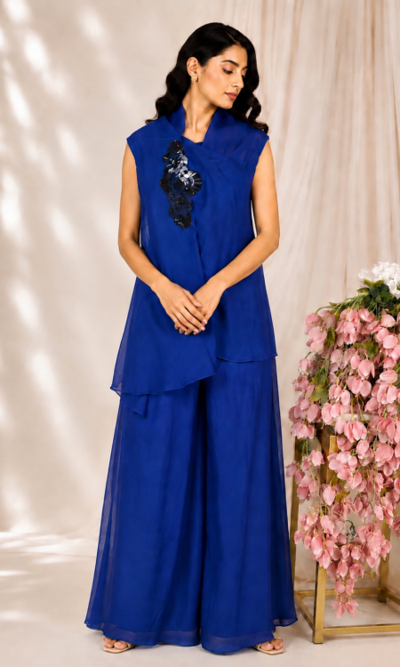 Blue Co-Ord Set with Sequinned Organza Top & Silk Pants