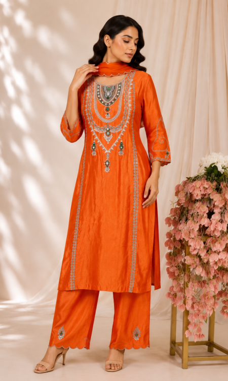 Orange Silk Suit with Zardozi & Crystal Embroidery