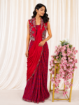 Red Printed Drape Saree with Embellished Floral Jacket