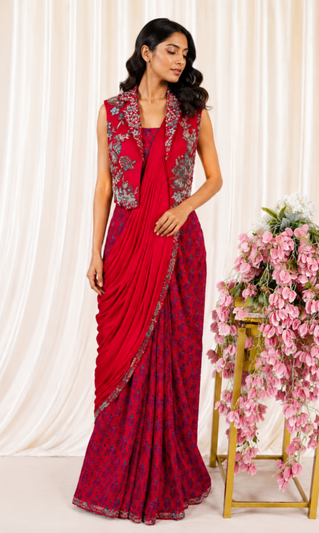 Red Printed Drape Saree with Embellished Floral Jacket