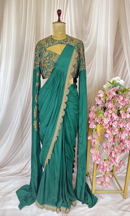 Green Drape Saree with Floral Blouse & Embellished Long Jacket