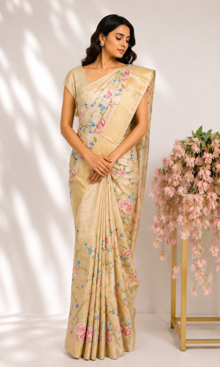 Beige Tussar Saree with Petite Point Floral Embroidery