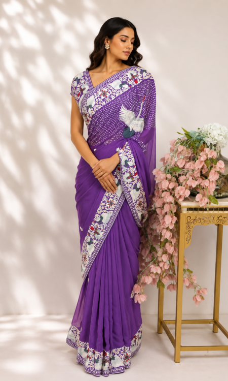Purple Parsi Gara Saree with Floral & Bird Motifs