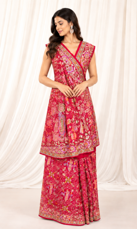 Red Bandhani Shrinath Ji Saree with Meenakari & Gold Zari