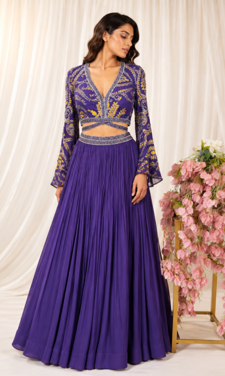 Purple Crushed Georgette Lehenga with Embellished Floral Blouse