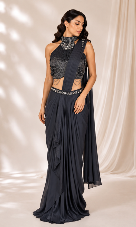 Black Pre-Drape Saree with Embellished Halter Neck Blouse