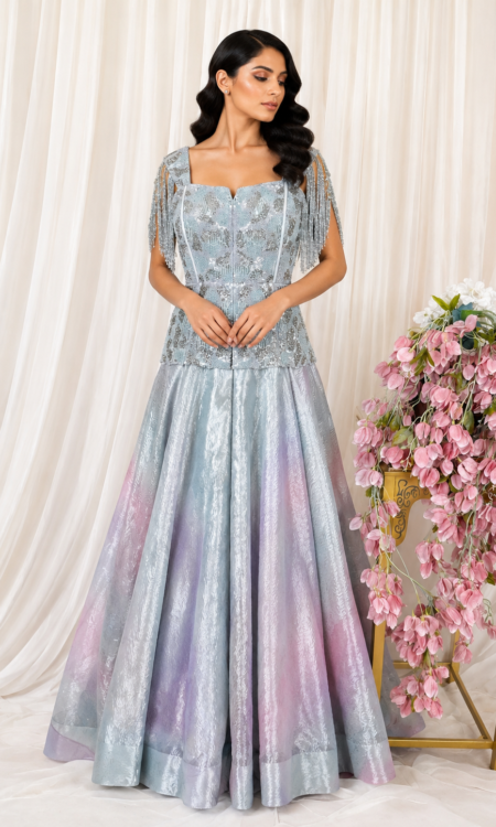 Ice Blue, Peach & Lavender Crush Tissue Pants with Embellished Top