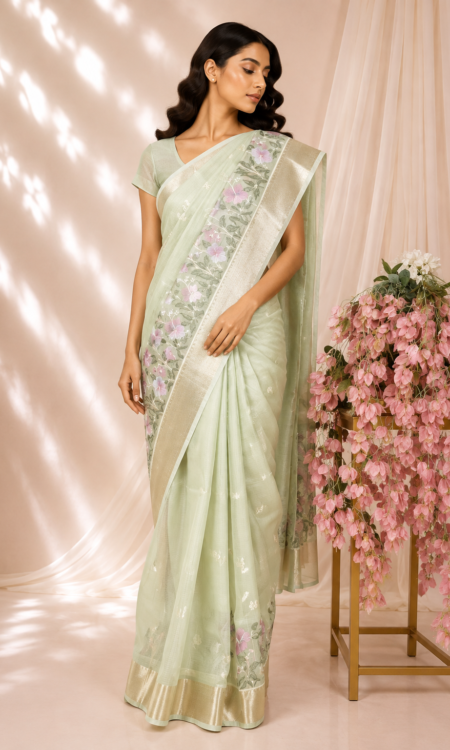Pista Green Zari Kota Saree with Multicoloured Floral Embroidery