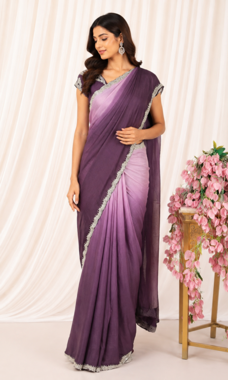 Wine to Lavender Half & Half Shaded Saree with Embellished Blouse