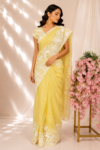 Butter Yellow Organza Saree with White Resham Floral & Bird Embroidery