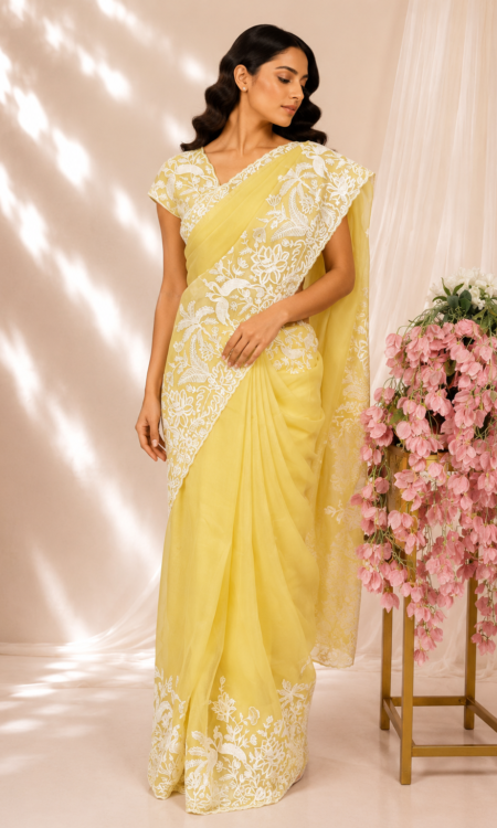 Butter Yellow Organza Saree with White Resham Floral & Bird Embroidery