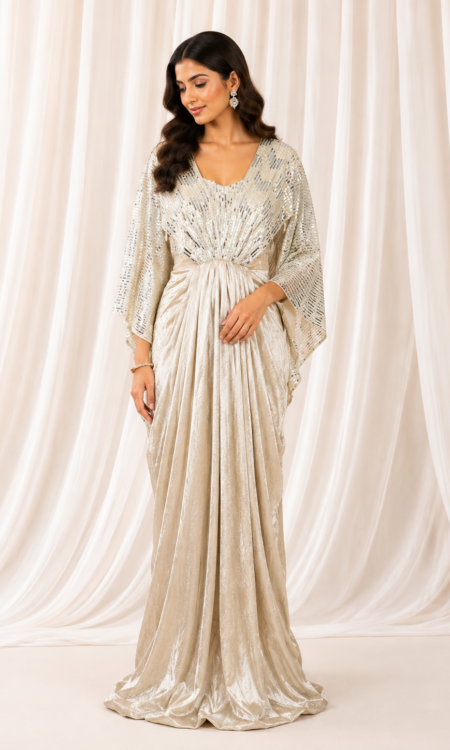 Off-White Pleated Drape Skirt One-Piece with Sequin Cape