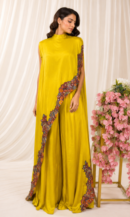 Yellow Indo-Western with Flared Top & Embellished Palazzo Pants