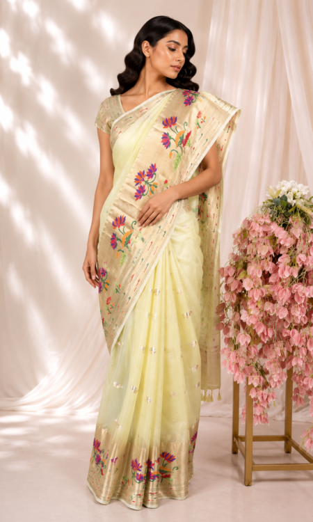 Neon Green Kota Saree with Paithani Gold Zari Border