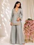 Grey Crush Tissue Indo-Western with Zardozi Wrap Jacket