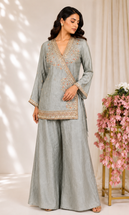 Grey Crush Tissue Indo-Western with Zardozi Wrap Jacket
