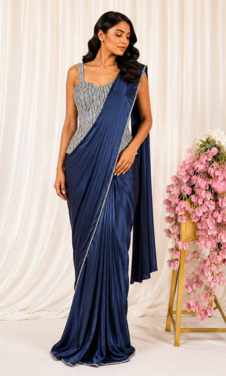 Navy Blue Drape Saree with Embellished Cutdana Corset Blouse