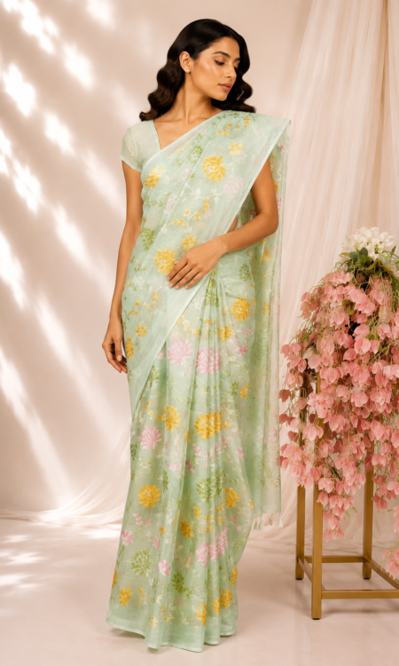 Pista Green Chanderi Saree with Multicoloured Banarasi Floral Jaal
