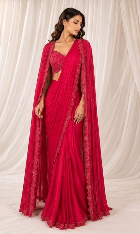 Red Crushed Silk Drape Saree with Embellished Cape Blouse