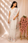 Off-White Organza Saree with Multicoloured Floral & Swan Embroidery
