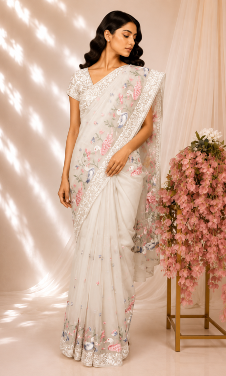 Off-White Organza Saree with Multicoloured Floral & Swan Embroidery