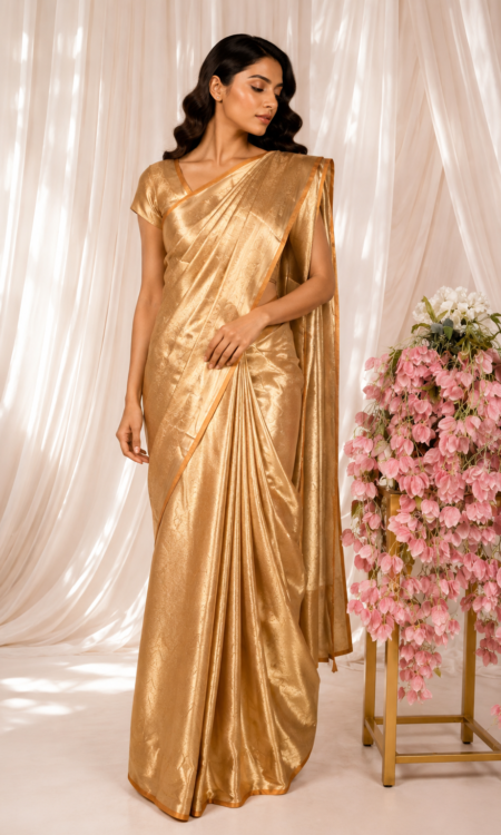 Orange Gold Banarasi Tissue Saree with Floral Zari Weave