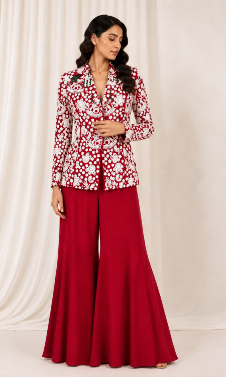 Red Pearl Embellished Jacket with Green Tassels & Silk Pants