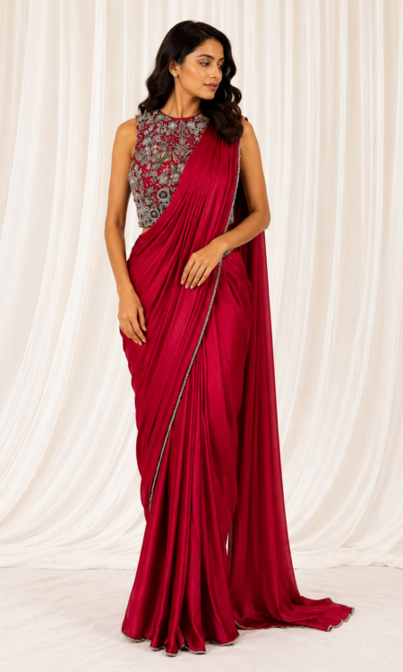 Maroon Drape Saree with Cutdana & Crystal Embellished Blouse