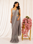 Mocha Grey Net Drape Saree with Embellished Corset Blouse