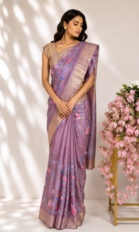 Dusty Rose Tussar Saree with Petite Point Floral Embroidery