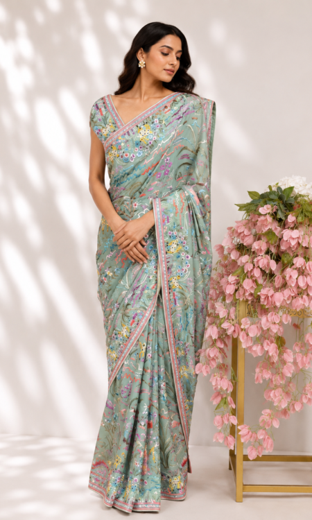 Pista Green Parsi Gara Saree