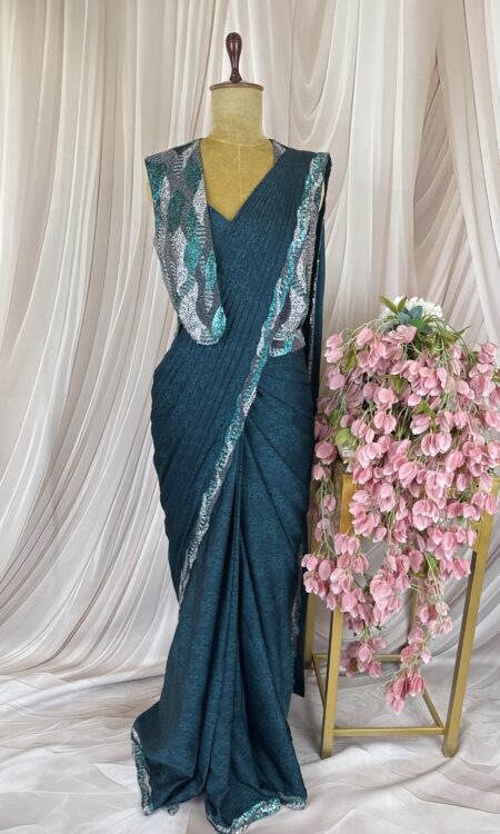 Teal Blue Printed Drape Saree with Embellished Jacket