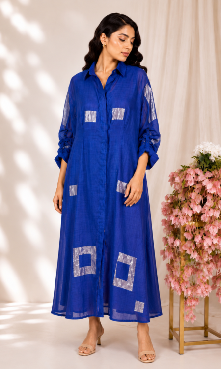 Blue Chanderi Top with Pleated Sleeves
