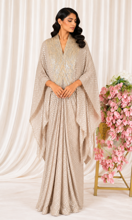 Beige Pleated Drape Skirt One-Piece with Gold Sequin Cape
