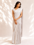 Silver Silk Saree with White Woven Stripes & Banarasi Blouse