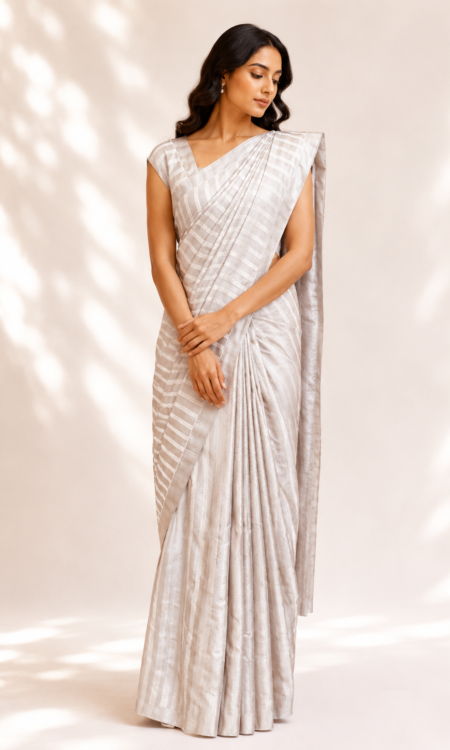 Silver Silk Saree with White Woven Stripes & Banarasi Blouse